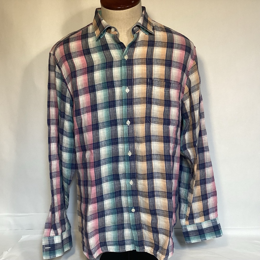 Tommy Bahama Men’s Linen Long Sleeve Button Down Plaid Shirt Size large